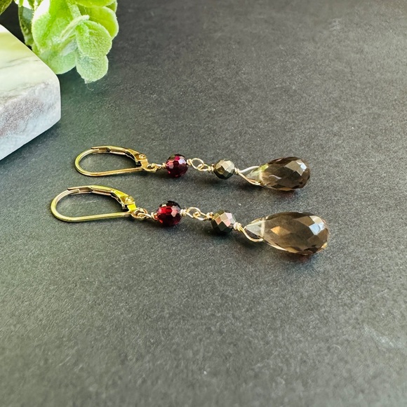 Smoky Quartz Earrings Garnet Pyrite lever back 14k GF - Picture 7 of 7